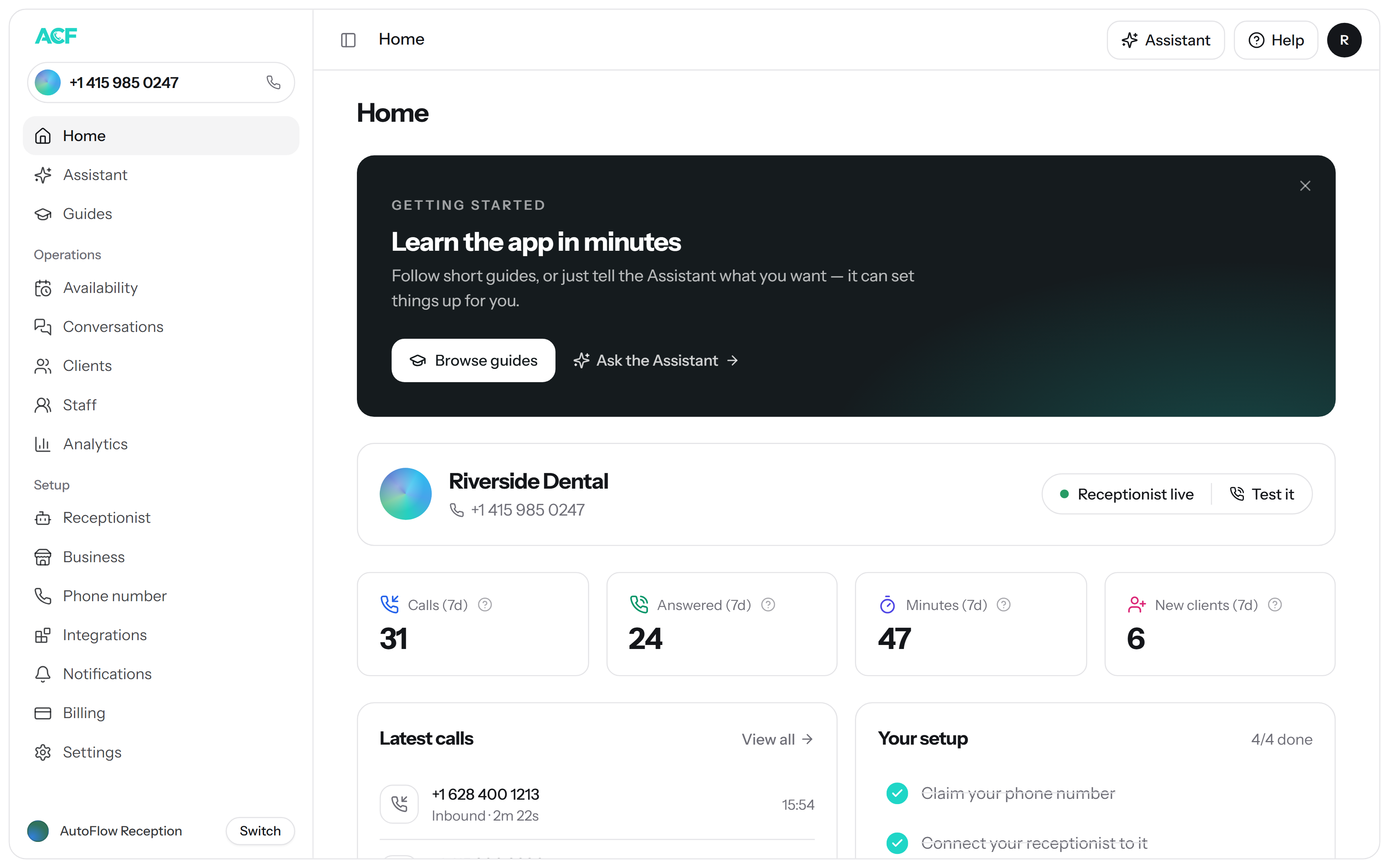 AutoCallFlow AI Receptionist home dashboard