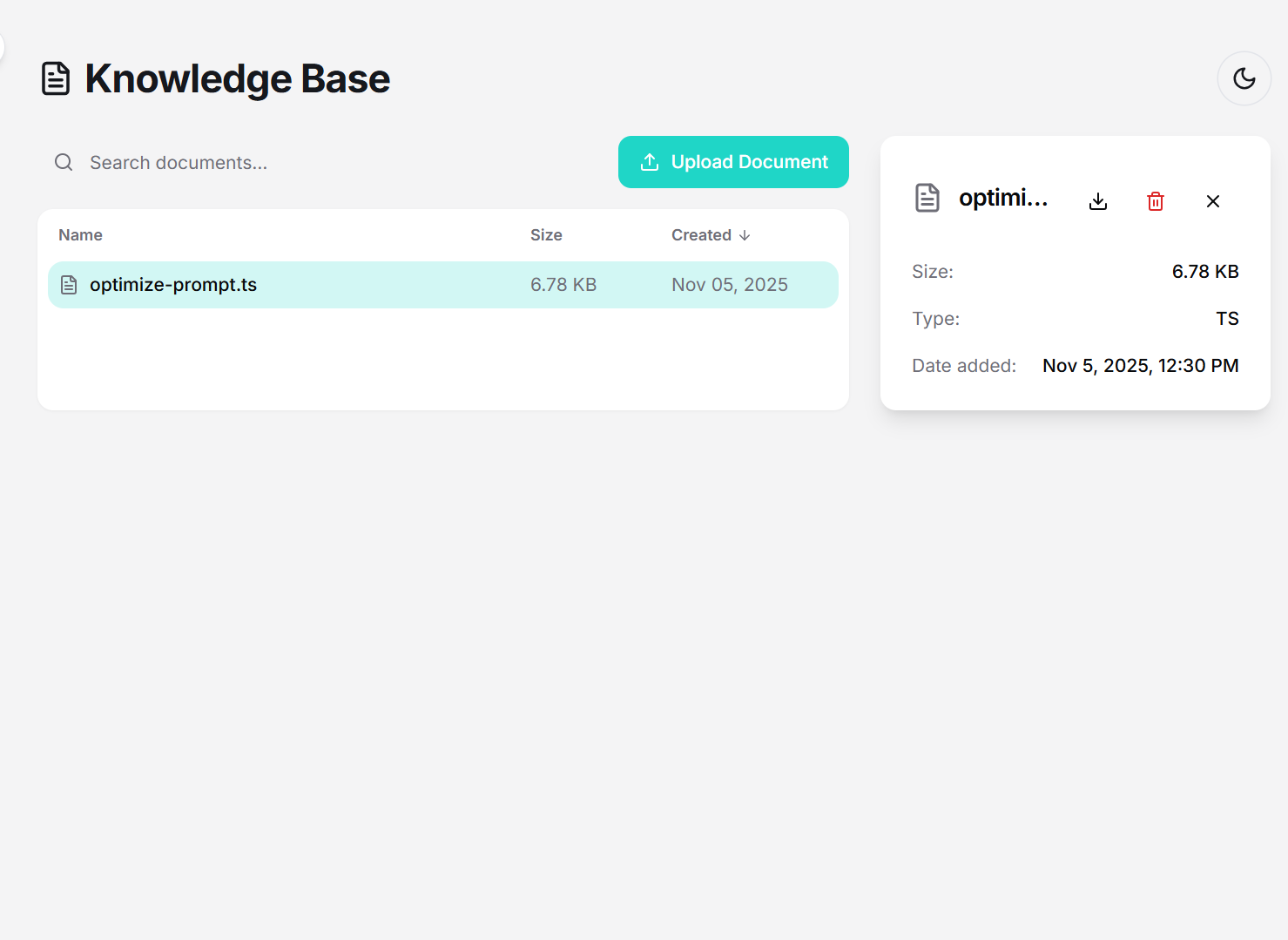 Knowledge Base document upload interface